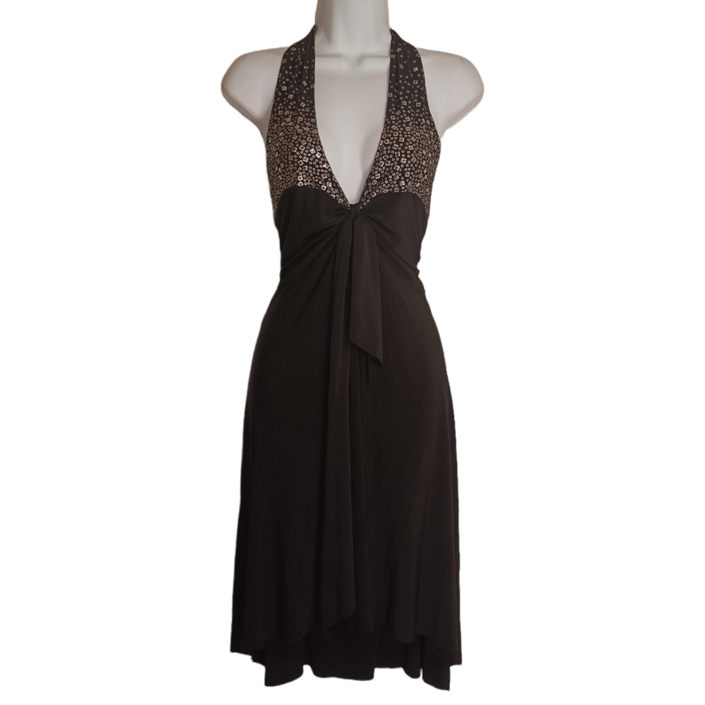 OATT Silver Metallic Sequin V Neck Halter Open Back Black Stretchy Dress Small